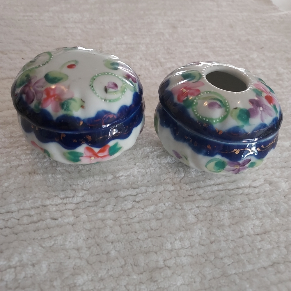Vintage Victorian Floral Ceramic Hair Receiver & Powder & Bobby Pin Jar Set